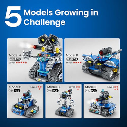 Sillbird STEM Robot Building Kit with Remote Control Gifts for Boys 8-14 | Coding Robotic Toy, Birthday Presents for Kids Ages 8+, App-Controlled, Buildable 5in1 Models, LED Eyes, 596 Pieces - color: Blue