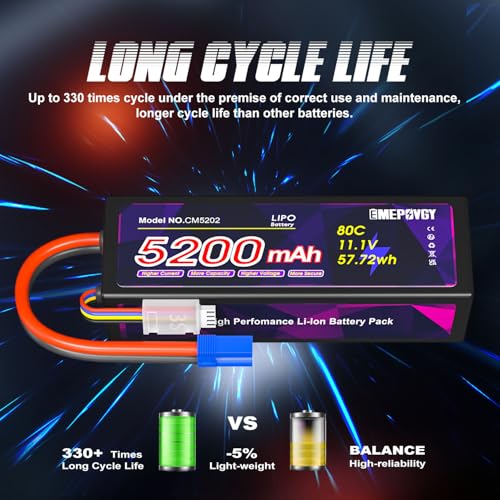 11.1V Lipo Battery 3S 5200mAh 80C Lipos Hard Case with EC5 Connector for RC Car Trucks 1/8 1/10 RC Vehicles - color: EC5