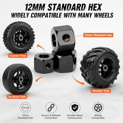 5mm to 12mm Aluminum Alloy Wheel Extension Hex Drive Hub Adapter for RC Car WPL D12 RC Truck(Black)