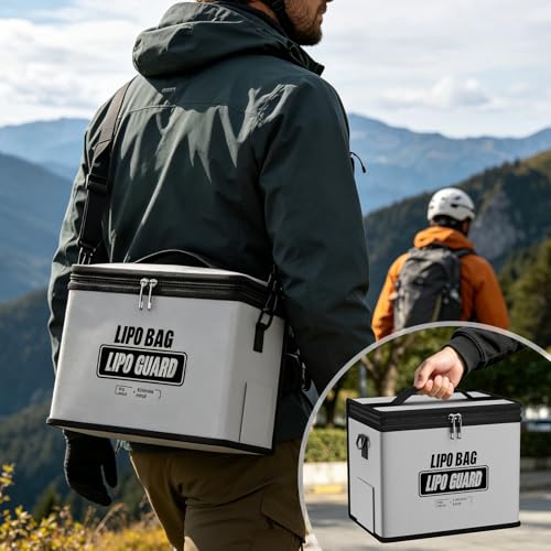 Fireproof Explosionproof Lipo Battery Bag with Shoulder Strap | 5200°F Heat Resistant,Large Capacity,Safe Charging&Battery Storage,RC Drone LiPo Battery Protection, Silver, 9.8x5.5x8.8in