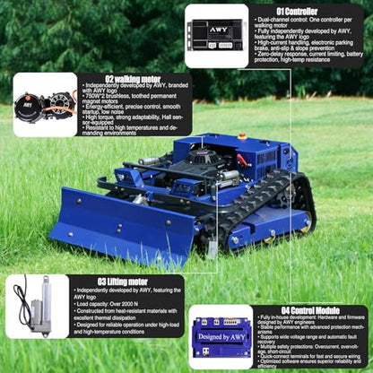 Remote Control Lawn Mower with Snow Plow, Crawler Track All-Terrain Machine, Oil-Electric Hybrid Power for Extreme Slopes and Large Turf, Adjustable Cutting Height - size: with snow plow attachment