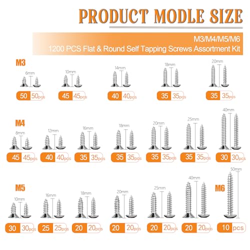 Dianrui 1200 PCS Wood Screws Assortment Kit, Assorted 304 Stainless Steel Screws M3/M4/M5/M6, ‌Phillips Drive Sheet Metal Self Tapping Screw Set Marine Grade (Pan & Flat Head Screw) Length 1/4" to 2" - size: 1200PCS-SV