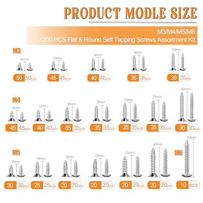 Dianrui 1200 PCS Wood Screws Assortment Kit, Assorted 304 Stainless Steel Screws M3/M4/M5/M6, ‌Phillips Drive Sheet Metal Self Tapping Screw Set Marine Grade (Pan & Flat Head Screw) Length 1/4" to 2" - size: 1200PCS-SV