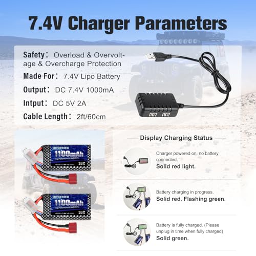 Lipo Battery 7.4V 1100mAh 35C(Burst 70C) Dean-Style T Plug 2S Rechargeable RC Battery Fit for HAIBOXING BEZGAR Truck HBX 16889 16890A 18690SA 3100A HS181 HM181 HM165 Most 1/10 1/16 1/18 RC Car