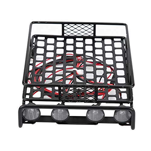 Large Size Roof Rack Luggage Carrier with LED Light Round, RC Roof Rack for Axial SCX10 1/10 Scale RC Crawler Car, Metal RC Roof Rack with 4 LED Lights, Remote Control Function, Du (White Light)