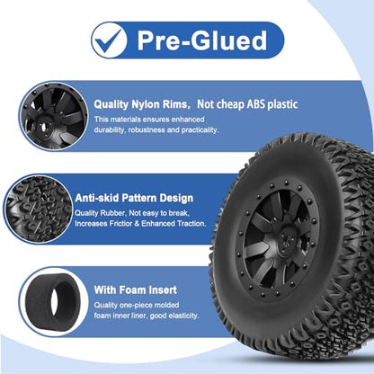 RC Wheel Set 4pcs Tires and Wheels Rims Pre-Glued SCT Tires for 1:10 RC Short Course Truck Slash 4x4 2WD VKAR 10SC HPI Losi SCT Redcat Blackout SC (Style B) - style: Style B