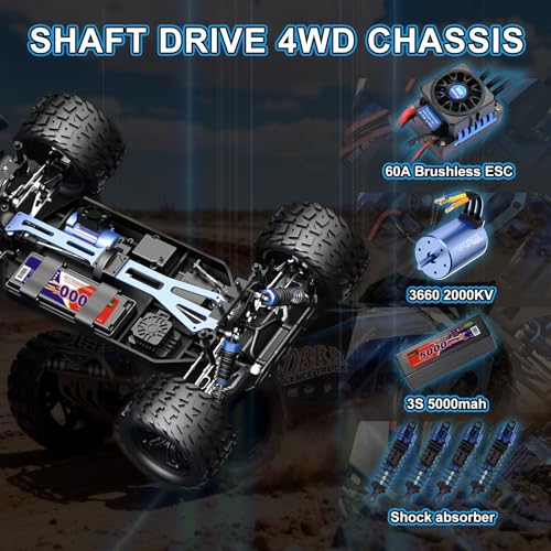 Supersize 1/10 High Speed RC Cars for Adults, 4WD Off-Road Electric Truggy with 3S 5000mAh LiPo Battery & 3660 Brushless Motor, RTR RC Truck Hobby with LED Lights for All Terrain