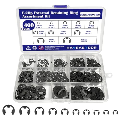 400PCS 10 Size E-Clips Assortment Kit Black Alloy Steel E Clip Circlip External Retaining Ring Washer Includes Sizes 1.5mm-10mm HE002