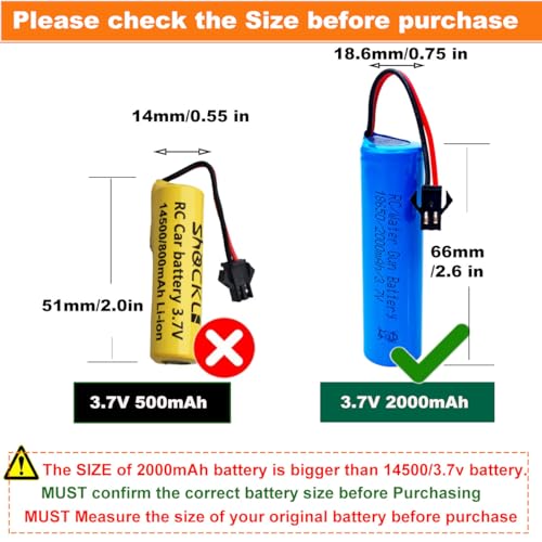 RC Car 2000mAh Battery (1200mAh Upgraded), Shockli Remote Control Rechargeable Battery SM-2P Plug with USB Charger Cable for Remote Control Trucks RC car, Water Gun -(2 -Pack)