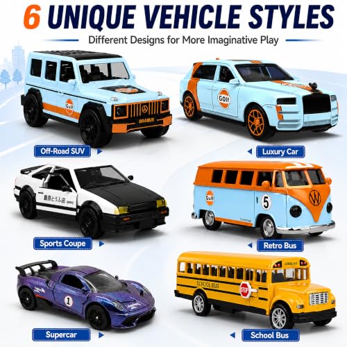 1:32 Alloy Pull Back Truck Toys for Kids, 6 Pack Die Cast Car Set with Road Map, Traffic Signs & Light, Toy Vehicle Playset, Birthday for Boys Girls Ages 3-8 - size: Alloy car 6-piece setpiece set