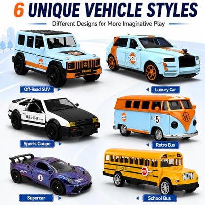 1:32 Alloy Pull Back Truck Toys for Kids, 6 Pack Die Cast Car Set with Road Map, Traffic Signs & Light, Toy Vehicle Playset, Birthday for Boys Girls Ages 3-8 - size: Alloy car 6-piece setpiece set