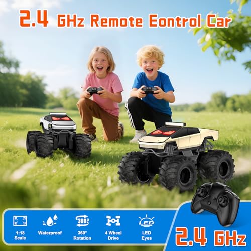 Amphibious Monster Truck with LED Eyes, 1:18 Rechargeable Remote Control Car, 2.4 GHz Waterproof RC Cars Toy Truck, 4WD All Terrain Off-Road Pickup, Toys for 6+ Year Old Kids Christmas Birthday Gifts - color: Light Gold