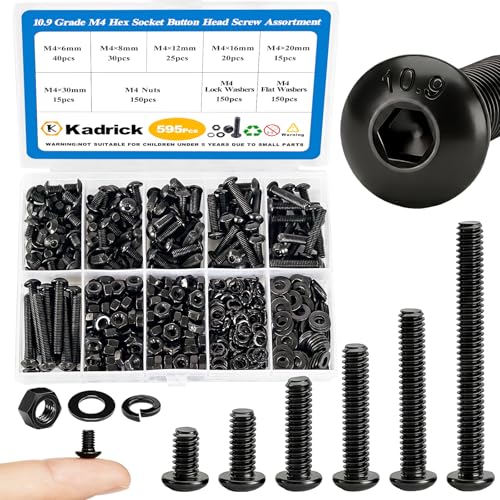 KADRICK 595Pcs M4 Screw Kit,Hex Socket Button Head M4 Bolts Length 6MM-30MM | M4 Machine Screws with Nuts Flat & Lock Washers, Class 10.9 Alloy Steel,Black Oxide Finish - size: M4 600Pcs 6-30mm