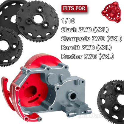 Transmission Case Gearbox w/Spur Gear Upgrades Part for 1/10 Slash/Stampede/Bandit/Rustler 2WD (VXL),RC Aluminum Transmission Gearbox Hops Up,Red & Titanium - color: Red - (Gear Gearbox)