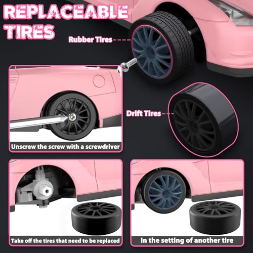 RC Drift Car, 1/24 Pink Remote Control Car for Girls, 2.4GHz 4WD High Speed Drifting RC Cars with LED Light and Drift Tires, Racing Toy Cars for Kids Adults Girl Boys, Pink - color: Pink