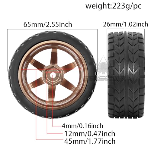 REDSPIDER•1/10 On Road Tires and Aluminum Wheels（4PCS） 12mm Hex RC Rally Racing Tyres OD 2.56" for Tamiya TT01 TT02 XV01 TA06 A959 PTG2 HPI KYOSHO PTG2(Brown) - color: Brown