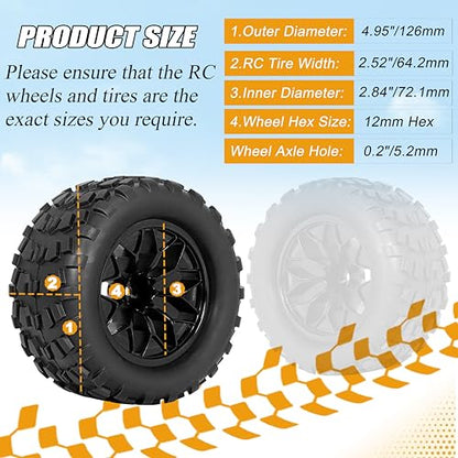 12mm Hex RC Wheels and Tires 1/10 Scale 2.8 RC Truck Tires and Wheels for Traxxas Rustler Stampede Hoss E-Revo 2wd 4x4 vxl Tires and Wheels Redcat Riaario Amoril Tires Wheels Preglued 4PCS
