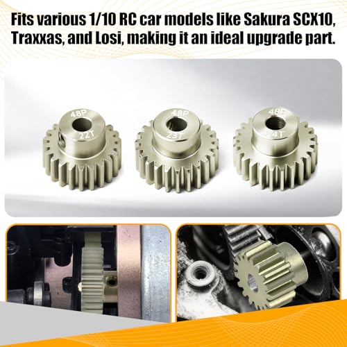 3PCS 48P Pinion Gear Set 7075 Aluminum Alloy 3.175mm Shaft 22T 23T 24T with Screws & Hex for 1/10 RC Arrma Traxxas HPI Sakura Losi Axial SCX10 Tamiya Monster Truck Buggy Motor Gears Upgrade - size: 22 23 24T