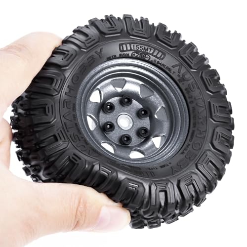 4PCS 1.55 inch Aluminum Beadlock Wheels Rim Rubber Tires Set 1.55inch Beadlock Wheel Rim Hub ＆ 85mm Rubber Tires Compatible with 1/10 RC Crawler Car Axial D90 TF2 Tamiya CC01 LC70 MST JIMNY