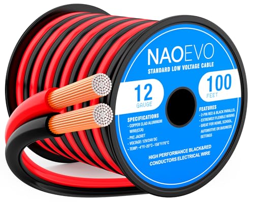 NAOEVO 12 Gauge Wire 2 Conductors, CCA Red Black Electrical Wire, 100FT | Flexible, High Conductivity & Wear-Resistant 12 AWG Wire with PVC insulation for Automotive, Speaker, LED, Marine, 12V/24V DC - size: 100ft, style: 12AWG