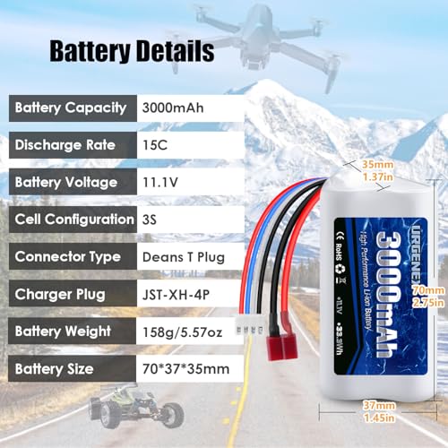 11.1V 3000mAh Li-ion Battery for R608 Brushless RC Boat 15C 3000mAh High Capacity RC Battery with Dean-Style T Plug 33.3Wh 3S Fit for DEERC 2104 210E 200E High Speed RC Boats 2PCS