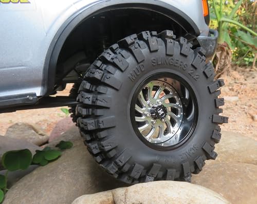2.2 Beadlock Wheels and Tires Set, 124mm Tall 2.2 Mud Slingers Tires & Adjustable Offset 2.2 Wheels Rims for 1/10 RC Crawler Everest 10 SCX10 Capra Wraith Upgrades,HS701583 - color: Black & Silver
