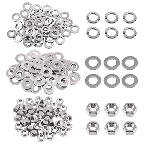 Swpeet 150Pcs Metric 304 Stainless Steel M6 Hex Nuts and M6 Flat Washers with Split Lock Washers Assortment Kit, Coarse Thread Hexagon Nut for Home Automotive Shop Use - size: M6 Hex Nuts & Washers