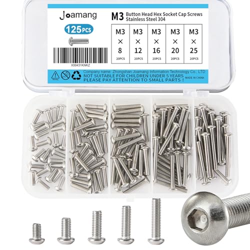 M3 x 8mm 12mm 16mm 20mm 25mm Button Head Socket Cap Screws Bolts, Stainless Steel 304, Metric Allen Hex Drive, Bright Finish, Fully Threaded, Assortment Kit 125PCS - size: Button M3x8-25 mm