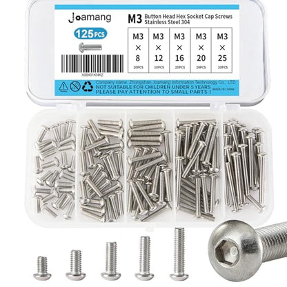M3 x 8mm 12mm 16mm 20mm 25mm Button Head Socket Cap Screws Bolts, Stainless Steel 304, Metric Allen Hex Drive, Bright Finish, Fully Threaded, Assortment Kit 125PCS - size: Button M3x8-25 mm