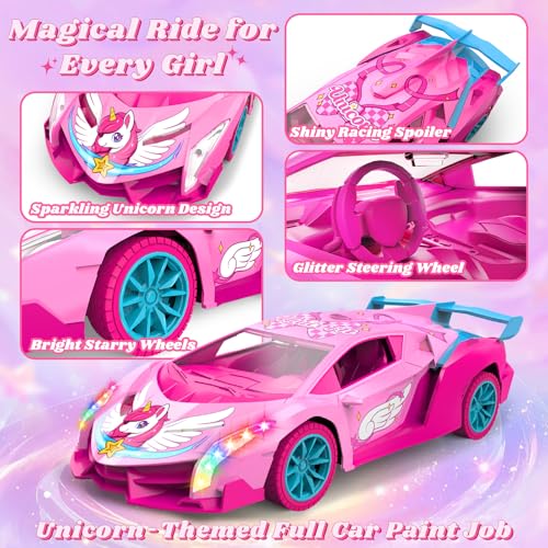 Unicorn RC Car for Girls, Rainbow Glow & Drift Wing Remote Control Car,2.4GHz RC Cars 1:18 Scale,Kids Toys Age 3 4 5 6 7 8 9 10 11 12,Girls Birthday Gifts,Valentines Day Gifts for Kids 3-12 Year Old