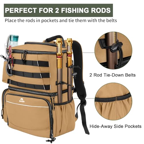 MATEIN Fishing Backpack, Tackle Storage Bag with Rod Holders & Cooler | Water Resistant Fishing Bag Fits 4 3600 Trays, Large Wide Open Tackle Box Backpack, Gifts for Fishermen - color: Khaki - Large