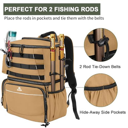 MATEIN Fishing Backpack, Tackle Storage Bag with Rod Holders & Cooler | Water Resistant Fishing Bag Fits 4 3600 Trays, Large Wide Open Tackle Box Backpack, Gifts for Fishermen - color: Khaki - Large