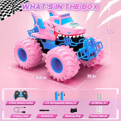 Waterproof Shark Remote Control Car, 1:16 Amphibious RC Cars 4WD All Terrain Off Road Monster Trucks Toys, RC Truck Pool Toys for Kids 3-5 6-8 8-12 Year Old Girl Birthday Gift, Pink - color: Pink