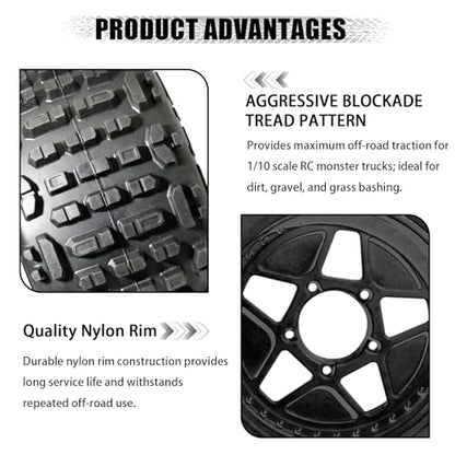 3.8" MT Monster Truck All Terrain Tires with Foam Insert - 17mm/14mm/12mm Hex Adapters Included for TRAXXAS Sledge ARRMA KRATON Outcast Tamiya HSP (Set of 4) Replacement Part of AR510092 - color: Black