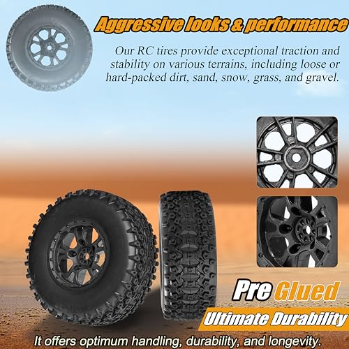 12mm Hex RC Wheels and Tires for Traxxas Slash 4x4 2WD Arrma Senton Tires and Wheels Preglued 1/10 RC Short Course Truck Tires and Wheels with Foam Inserts 4PCS for Redcat HPI HSP Tires