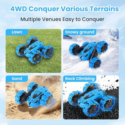RC Stunt Car, 360° Flips & Double-Sided Remote Control Truck with LED Lights, 2.4GHz High Speed All Terrain Off-Road Toy Car, Gift for Boys Girls Kids Ages 6-12 (Blue) - color: Blue