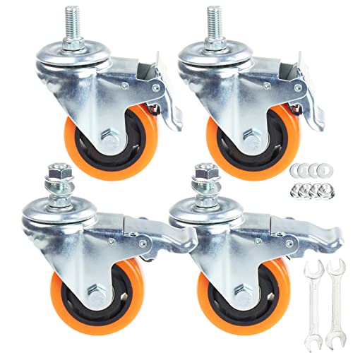 Heavy Duty Swivel Wheels, 3 Inch Yellow PVC Casters with Metric Stem M12-1.75x25mm Double Brakes Castors Safety Wheels up to 1200 Lbs/Set for Industry and Furniture Set of 4 - style: 3 Inch with Brake
