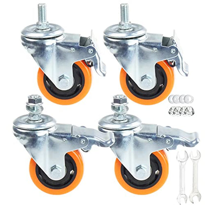 Heavy Duty Swivel Wheels, 3 Inch Yellow PVC Casters with Metric Stem M12-1.75x25mm Double Brakes Castors Safety Wheels up to 1200 Lbs/Set for Industry and Furniture Set of 4 - style: 3 Inch with Brake