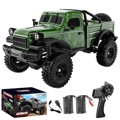 1/18 Scale RC Pickup Truck for Adult, 2.4GHz 4WD Off-Road Remote Control Drift Car, RC Rock Crawler with LED Lights, 12km/h High Speed & Waterproof ESC - color: Green, size: 2 Battery
