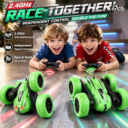 Titorot RC Stunt Car –Green | 360° stunt flips, double-sided driving, LED lights, rechargeable battery, 2.4GHz anti-interference, all-terrain wheels, 4-8 - color: Green+extra 4 Yellow Wheels