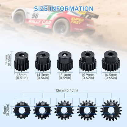 Steel Metal 32P Pinion Gear Sets 15T 16T 17T 18T 19T for Shaft 5mm RC Motor Compatible with HPI Kyosho Losi Axial Tamiya 1/8 1/10 RC Car Monster Truck Upgrade Parts (5mm Bore) - size: 15T 16T 17T 18T 19T