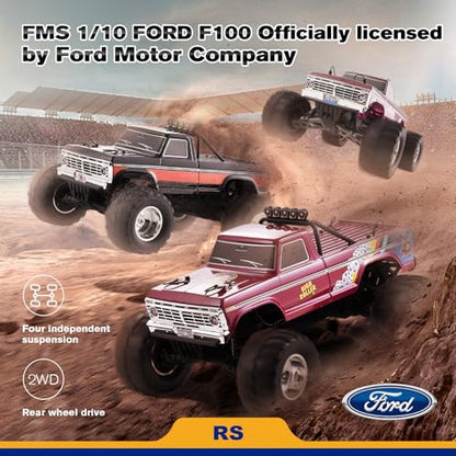 FMS 1/10 RC Truck Ford F100 – 2WD Monster Truck with Licensed Body, 550 Brushed Motor, Oil Shocks, Independent Suspension – All-Terrain RC Crawler, High Speed Off-Road RC Car for gift (FIRST BLOOD RS) - color: First Blood Rs