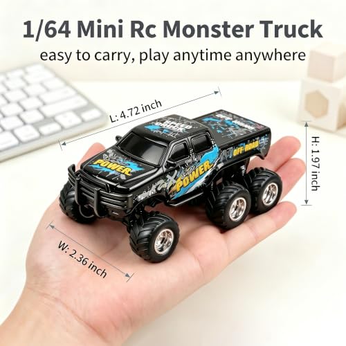 haomsj 1/64 Mini Rc Monster Truck 6x6 Off Road Remote Car for Kids & Adults | Sturdy Metal Car|3 Speeds|2.4G Flexible Remote Control|Long Lasting|Fast Charge|All-Terrain|Gift for Boys Age 3-12 - color: Black