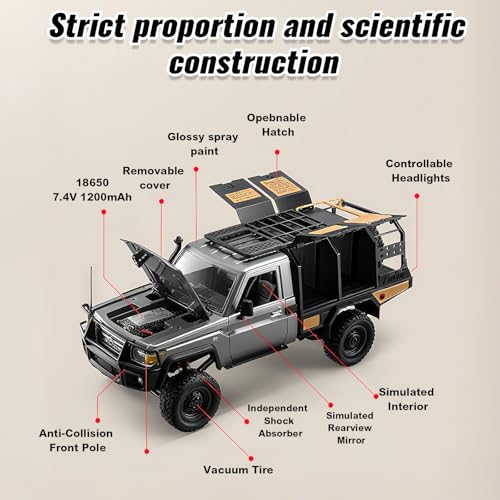 jaming WPL MN82S 1/12 RC Rock Crawler, 2.4Ghz Remote Control Truck, 4WD Off-Road RC Pickup with LED Lights Hobby Grade Toy Gifts for Adults Kids (MN-82S LC79) - color: Black