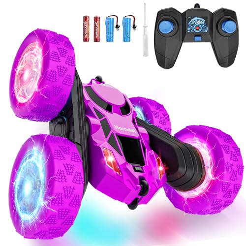 Hamdol Remote Control Car for Kids, Stunt RC Cars with Cool Wheel Lights, Double-Sided Driving, 360-degree Rotation Boys & Girls Toys for Ages 6 7 8 9 10-12 Kids, Valentines, Birthday Idea - color: Purple, size: Glow (Headlights & Wheel Lights)