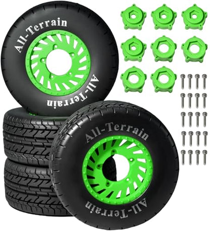 1/10 RC Short Course Truck Rubber Tires & Nylon Rims - 12mm/17mm Hex, Green | All-Terrain Tires and Wheels Compatible with 1/10 Traxxas Slash 4WD 2WD Arrma Senton Axial Losi Redcat RC Buggy, 4-Pack - color: Green