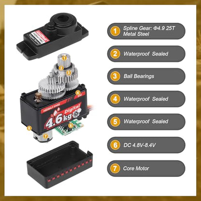 HobbyPark Waterproof Micro Servo Motor Metal Gear 4.6kg High Torque Mini Servo for FCX24 Axial SCX24 AX24 1/24 RC Crawler Car Upgraded Servos with JR to 1.25mm JST-MX ZH1.25 Plug Adaper Wire
