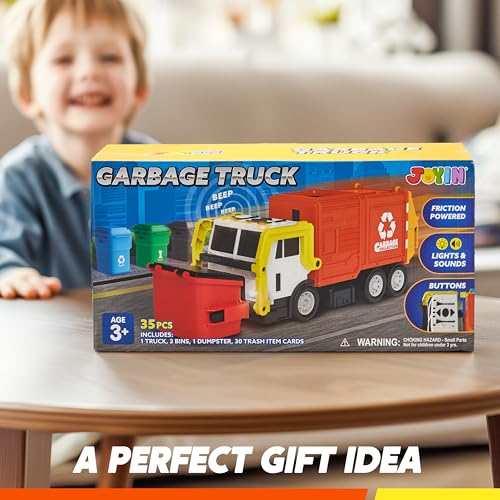 JOYIN Large Friction Powered Garbage Truck Toy Set, Includes Dumpster, Trash Bins, and Learning Cards for Kids, Orange - color: Orange
