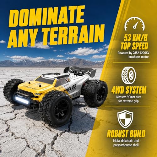 MJX 14207 1/14 Scale Brushless RC Truck, 4WD High Speed Off-Road RC Car with 2852 4200KV Motor, 50A ESC, Aluminum Chassis, 2.4GHz Remote, 7.4V 3000mAh Battery, RTR RC Monster Truck for Adults