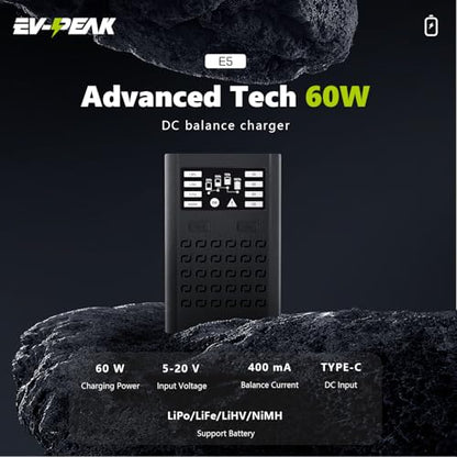 EV-Peak E5 2-6S Lipo Battery Charger 60W 5A RC Balance Charger with XT60 Connector for Lipo,LiIon, NiMH, NiCD, Life Batteries Compact & Efficient Design for Hobbyists & Professionals